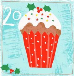 a red cupcake with white frosting and holly on it's side in front of a blue background