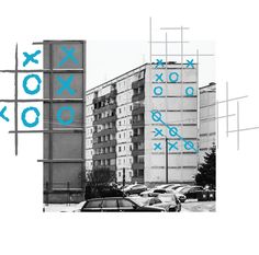 a collage of photos with buildings and cars in the foreground, including an xoxo sign