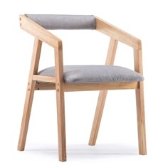 a wooden chair with a gray seat cushion