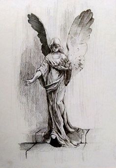 a drawing of an angel holding a bird on top of a wooden platform with its wings spread