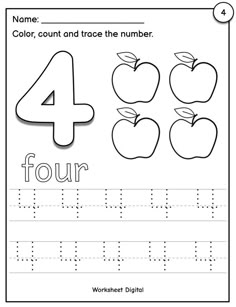 worksheet for the number four with an image of apples and numbers on it