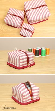 three images show different ways to sew the zippers on this striped cosmetic bag