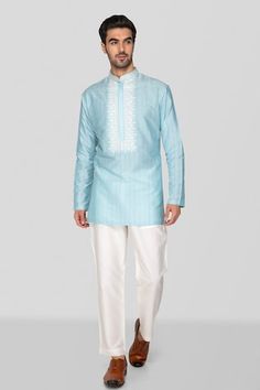 Sky blue short kurta with sequin embellished placket on a handblock print base. Comes with pant. - Aza Fashions Diwali Traditional Straight Kurta With Embroidery, Cotton Kurta With Embroidery For Diwali, Sky Blue Kurta Men, Blue Kurta, Short Kurta, Kurta With Pants, Blue Shorts, Cotton Silk, Aza Fashion