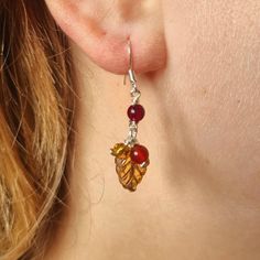 Autumn Crystal Leaf Earrings Dangly Dropper Earrings Sterling Silver Fall Red Garnet Amethyst Purple Green Orange Brown Beads - Etsy Amber Czech Glass Dangle Earrings, Handmade Amber Beaded Round Earrings, Handmade Amber Round Bead Earrings, Handmade Amber Earrings With Round Beads, Handmade Adjustable Amber Earrings, Amber Beaded Drop Earrings For Gift, Amber Czech Glass Earrings With Ear Wire, Handmade Amber Earrings Gift, Handmade Amber Earrings For Gift