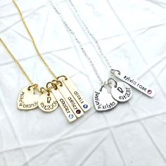 "This mother's necklace is made of your choice of brass (gold) or pewter (silver), and is made to represent your entire family. This piece will come with a 1/2\" (12mm) heart, stamped with the couples names, and a 1/2\" (12mm) initial charm with the date established. Add as many children's charms with birthstones as you need, and you can always add more charms to this piece at a later date. Your charms will come on an 18\" sterling silver or brass fine link chain. I have 16 & 20\" chains ava Mother Necklace Personalized, Necklace For Mom, Stamped Rings, Family Necklace, Mothers Necklace, Star Gift, Broken Chain, Brass Gold, Necklace Personalized