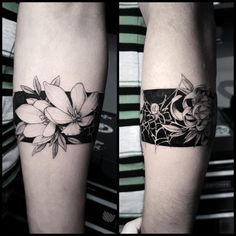 two black and white tattoos with flowers on them