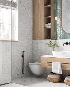 a bathroom with a sink, mirror and toilet in it's own area next to a walk - in shower