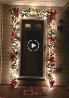 the front door is decorated with christmas lights and poinsettis