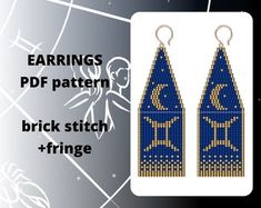 the earrings are made with blue and gold seed beading, which is attached to a hook