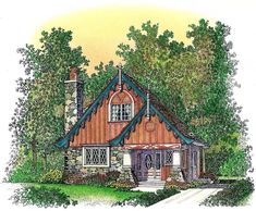 this is an artist's rendering of a small cabin style house in the woods