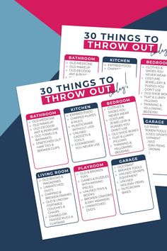 the 30 things to throw out poster is shown in three different colors and font options