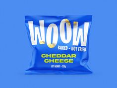 a bag of cheddar cheese is shown on a blue background with the word woow