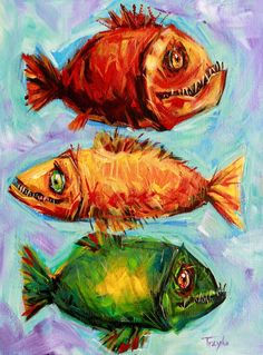 three fish are shown on a blue background