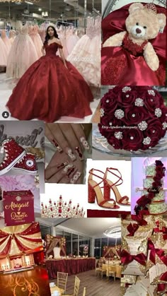 red and gold wedding collage with teddy bear in the center surrounded by other images