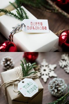 presents wrapped in white paper and tied with twine, sitting on a table next to christmas decorations