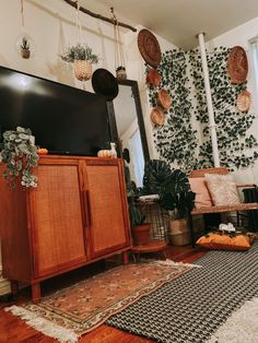 a living room filled with lots of furniture and plants hanging from the wall behind a flat screen tv