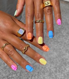 Colourful Tips Nails, Colourful Nails For Summer, Block Colour Nails, Colourful Gel Nails, Colourful Nails Designs, Nails With Line Designs, Colourful Summer Nails, Colour Block Nails, Nails With Lines