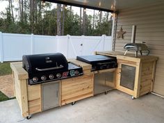 two bbq grills are built into the side of a house