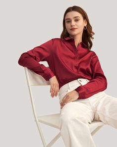 This Long Sleeve Collared Silk Blouse can be worn across all seasons. Made with 19 momme silk and spandex material, this shirt is essential for your wardrobe as it features a pleated design at the back; whether it be for workwear or weekend wear, this item is a must-have. The shirt sits below the hips, offering a curved hem which is perfect if you wish to tuck the shirt into your favorite pair of jeans. Silk Pajamas Women, Camisole Set, Striped Midi Skirt, Silk Bedding, Silk Knit, Knitted Coat, Basic Shirts, Silk Charmeuse, Christmas 2023