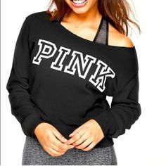 New Victoria's Secret Pink Off The Shoulder Sweatshirt Black Medium Trendy Black Tops For College, Casual Black Tops For College, Black Spring Tops For College, Black Tops For College In Spring, Black Sweatshirt For College, Off The Shoulder Sweatshirt, Jordan 11 Retro, Birthday List, Pink Victoria Secret