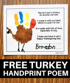 a turkey handprint poem with the words, free turkey handprint poem