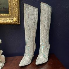 A Pair Of Fabulous Diamond/ Rhinestone Stiletto Boots. They Are Knee Hight With A Inside Zipper. The Boots Are Beautiful And Festive. They Have Never Been Worn And Are Size 9. They Have Their Original Box. Elegant Wedding Boots Embellished, Elegant Embellished Wedding Boots, Elegant Sparkling Boots For Night Out, Elegant Embellished Boots For Night Out, Glamorous Embellished Boots For Formal Occasions, Formal High Heel Embellished Boots, Elegant Fitted Boots With Bling Details, Elegant Fitted Boots With Bling, Glamorous Party Boots With Bling