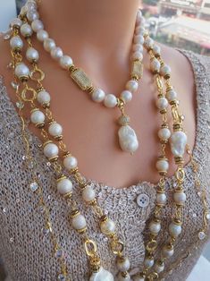 Unique Baroque Pearl Multistrand Necklace for Women,big Beaded Jewelry Wedding, Bridal Necklace, Anniversary Gift for Her,mothers Day Gift - Etsy Luxury Multi-strand Pearl Necklace As Gift, Elegant Multi-strand Gold Beaded Necklaces, Handmade Luxury Gold Beaded Necklaces, Luxury Handmade Gold Beaded Necklaces, Handmade Gold Multi-strand Pearl Necklace, Handmade Multi-strand Gold Pearl Necklace, Elegant Beaded Necklace With Round Beads, Luxury White Multi-strand Jewelry, Elegant Gold Beaded Necklaces For Anniversary