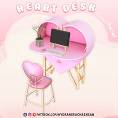 a computer desk with a heart shaped table and chair in front of it that says heart desk