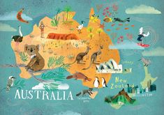 an illustrated map of australia with animals, birds and other things on it's surface