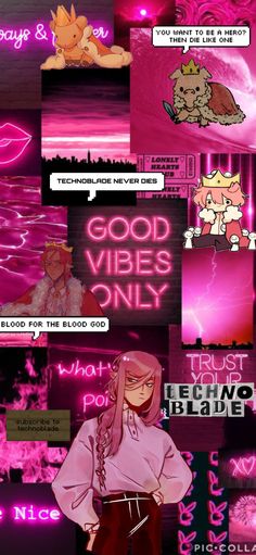 some anime characters with pink hair and texting in the background that says good vibes only