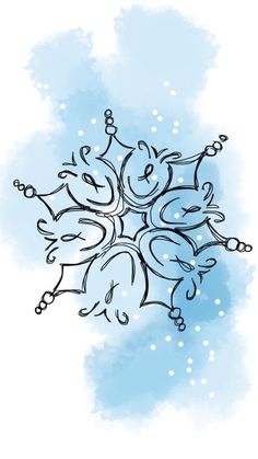 a snowflake is shown on a blue watercolor background with black lines and dots