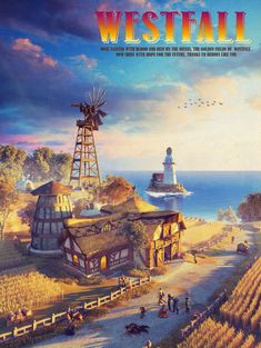 the poster for westfall features an old windmill and farmyard with people walking around it