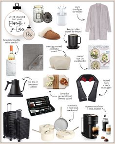 the contents of a gift guide for women's travel and kitchen gadgets