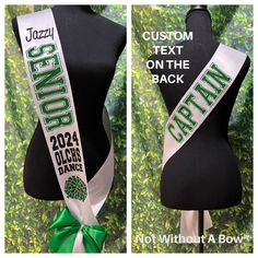 two pictures of a dress form with the words, custom text on the back and green ribbon around it