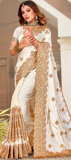 White and Off White color Saree in Satin Silk, Silk fabric with Embroidered, Thread, Zari work White Embroidered Wedding Blouse Piece, Fitted White Art Silk Embroidered Fabric, White Traditional Wear With Zari Work For Celebration, White Traditional Wear With Resham Embroidery For Reception, Celebration White Embroidered Sets, Off White Blouse Piece With Zari Work For Wedding, White Blouse Piece With Resham Embroidery For Wedding, Off White Traditional Wear With Dori Work For Wedding, White Embroidered Fabric With Zari Work For Reception