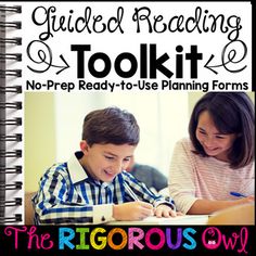 a young boy and girl are looking at a book with the title guided reading tool kit