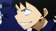 an anime character with black hair and white teeth