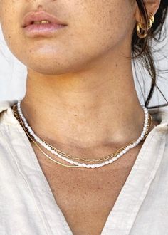 Gold Necklaces - Pearl & Gold Chain Layering Necklace Set - ke aloha jewelry Dainty Single Strand White Chain Necklace, Dainty White Single Strand Chain Necklace, White Beaded Chain Charm Necklace, Dainty Stackable Necklaces For Layering, White Double Strand Necklace With Beaded Chain, White Double Strand Beaded Chain Necklace, White Charm Necklaces For Layering, White Beaded Chain Necklace, Dainty Style, White Double Strand Jewelry With Delicate Chain