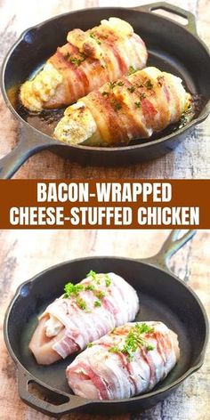 bacon wrapped cheese stuffed chicken in a skillet