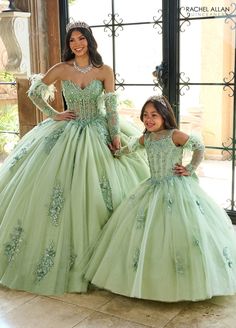 Quinceanera Light Green Dresses, Enchanted Forest Dama Dresses, Green Quince Dresses With Sleeves, Embroidered Fitted Ball Gown For Quinceanera, Princess Style Gown For Quinceanera, Quinceanera Ball Gown With Sheer Bodice, Floral Applique Ball Gown Dresses, Princess Style Floor-length Lace Dress, Fitted Green Gown With Floral Applique