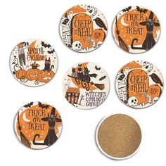 six halloween coasters with witches and cats on them, all decorated in orange and black