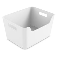 a white plastic storage bin with handles on the front and bottom, shown from the side