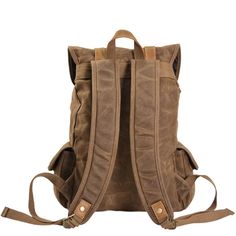 a brown backpack with two straps on the front and one strap down to the back