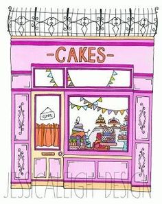 a drawing of a cake shop front