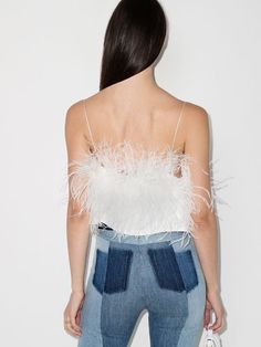 Shop 16Arlington Poppy feather-trim top with Express Delivery - FARFETCH Ostrich Feather Trim, White Poppy, Black Camisole, Feather Trim, Trim Top, Elegant Nails, Neck Crop Top, Powder Pink, Brown Fashion