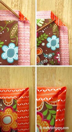 four different pictures of the same fabric with flowers on it, one is brown and one is orange