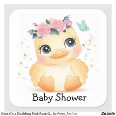 a baby shower sticker with an image of a little duck wearing a flower crown