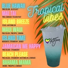 a tropical vibes poster with a drink and palm tree