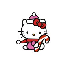 the hello kitty is holding a candy cane