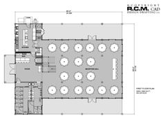 the floor plan for an event venue with tables and chairs on each side of the room